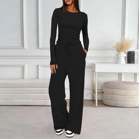 2-Piece Lounge Set - Long Sleeve Top with Wide Leg Pants Matching Outfit in Saudi Arabia