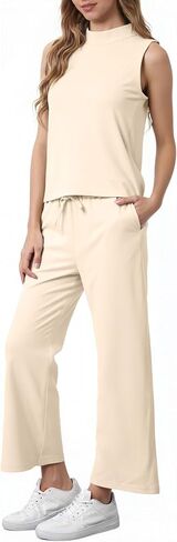 2PCS Women's Outfits Summer Travel Tracksuit, Mock Neck Tank Top Comfy Lounge Sets, Black in Saudi Arabia