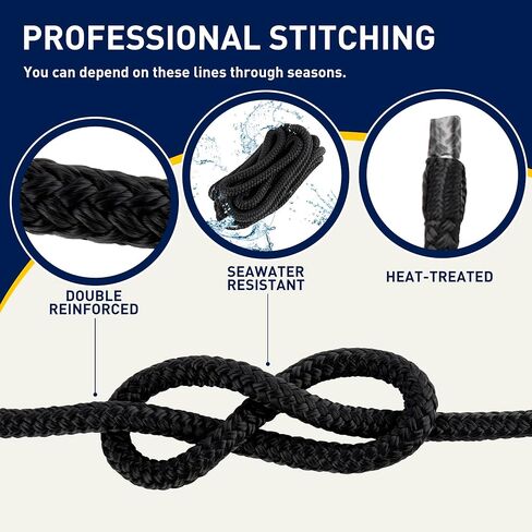 2 Pack Boat Dock Lines for Boat, 3/8" x 15' Marine Grade Boat Nylon Rope, Boat Ropes for Docking with Loop, Double Braided Boat Lines for Boats, Buoy, Jet Ski Mooring, Docking (Black) in Kuwait