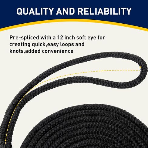2 Pack Boat Dock Lines for Boat, 3/8" x 15' Marine Grade Boat Nylon Rope, Boat Ropes for Docking with Loop, Double Braided Boat Lines for Boats, Buoy, Jet Ski Mooring, Docking (Black) in Kuwait