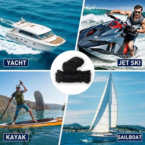 2 Pack Boat Dock Lines for Boat, 3/8" x 15' Marine Grade Boat Nylon Rope, Boat Ropes for Docking with Loop, Double Braided Boat Lines for Boats, Buoy, Jet Ski Mooring, Docking (Black) in Kuwait