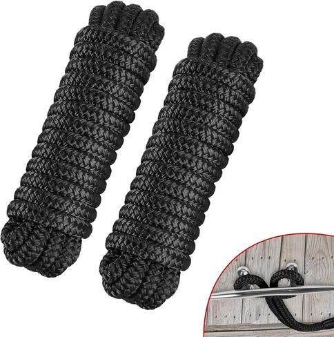 2 Pack Boat Dock Lines for Boat, 3/8" x 15' Marine Grade Boat Nylon Rope, Boat Ropes for Docking with Loop, Double Braided Boat Lines for Boats, Buoy, Jet Ski Mooring, Docking (Black) in Kuwait