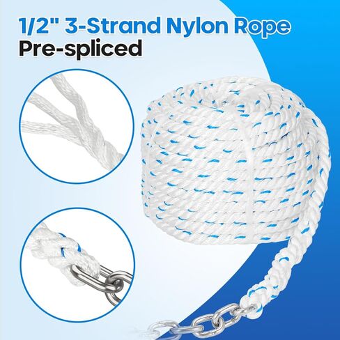 حبل مرساة مرساة، 1/2 بوصة حبل مرساة/خط 100 قدم مع سلسلة مرساة 1/4 بوصة 10 أقدام وموصل دوار، سلسلة بحرية قصيرة الارتباط من الفولاذ المقاوم للصدأ G4 316 مع حبل نايلون ثلاثي الأشرطة in Kuwait