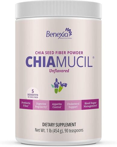 Chiamucil Prebiotic Chia Fiber Supplement Powder – for Appetite Control & Digestive Health – Chia Fiber & Chicory Root (Inulin) – Gluten & Sugar Free, Vegan, Non-GMO, Unflavored - 45 Servings in Saudi Arabia