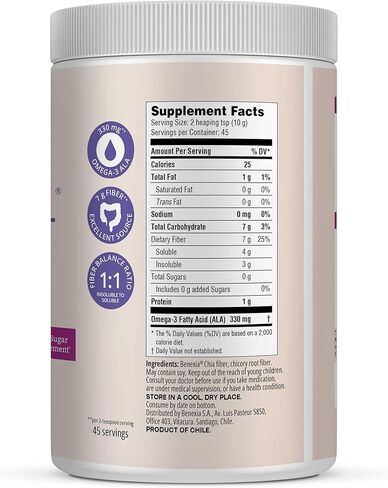 Chiamucil Prebiotic Chia Fiber Supplement Powder – for Appetite Control & Digestive Health – Chia Fiber & Chicory Root (Inulin) – Gluten & Sugar Free, Vegan, Non-GMO, Unflavored - 45 Servings in Saudi Arabia