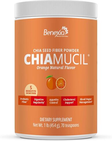 Chiamucil Prebiotic Fiber Supplement Powder – Chia Fiber & Chicory Root (Inulin) for Digestive Health & Appetite Control – Gluten & Sugar Free, Vegan, Non-GMO, Orange - 35 Servings in Saudi Arabia