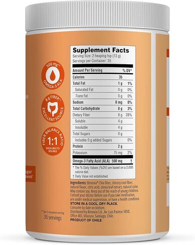 Chiamucil Prebiotic Fiber Supplement Powder – Chia Fiber & Chicory Root (Inulin) for Digestive Health & Appetite Control – Gluten & Sugar Free, Vegan, Non-GMO, Orange - 35 Servings in Saudi Arabia