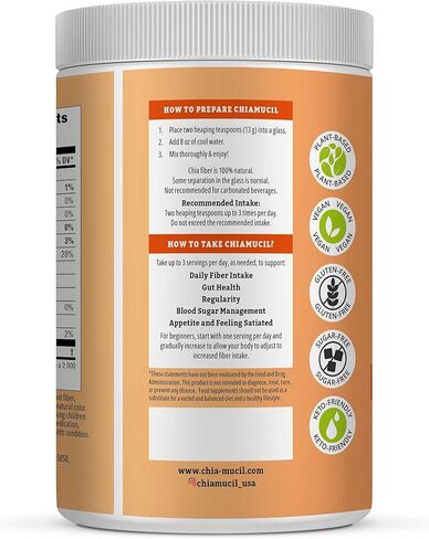 Chiamucil Prebiotic Fiber Supplement Powder – Chia Fiber & Chicory Root (Inulin) for Digestive Health & Appetite Control – Gluten & Sugar Free, Vegan, Non-GMO, Orange - 35 Servings in Saudi Arabia