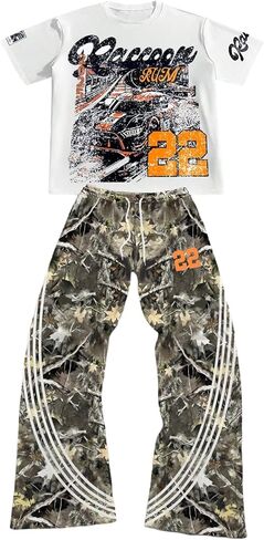 GORGLITTER Men's Y2K Outfits Short Sleeve Mock Neck Oversized Tshirts & Striped Baggy Sweatpants Hip Hop Streetwear in Saudi Arabia