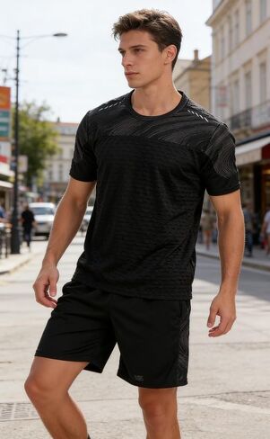 Men’s Athletic Tracksuit Short Sleeve Shirt Shorts Set for Gym Running Workout Training Activewear Lightweight Moisture in Saudi Arabia