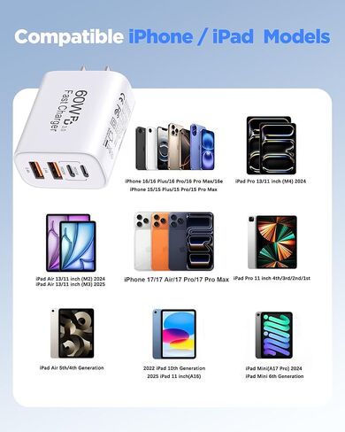 60W USB C Charger,2Pack 10Ft iPhone 16 Pro Max Charger Fast Charging,4Port USB-A USB-C Fast Charging Block with 10ft USBC Cable Cord for Apple iPhone 16 Pro/16e/15Pro Max/15Plus/16/15/iPad,AirPods in Kuwait