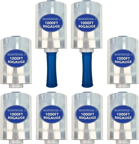 لفات تغليف قابلة للانكماش - 5 بوصات × 1000 بوصة مع مقبض بلاستيكي بقياس 80 800٪ امتداد، 5 بوصات لفافة تغليف صغيرة للالتصاق الذاتي، النقل، التعبئة، الشحن، الأثاث والبليت (8 لفات) in Kuwait