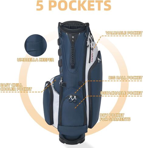 حقيبة جولف بحامل 14 طريقة، حقائب جولف خفيفة الوزن وفواصل كاملة الطول، 7 جيوب بسحاب وغطاء للمطر، حقائب جولف متينة للرجال والنساء باللون الأزرق، حقيبة أحذية مجانية in Kuwait