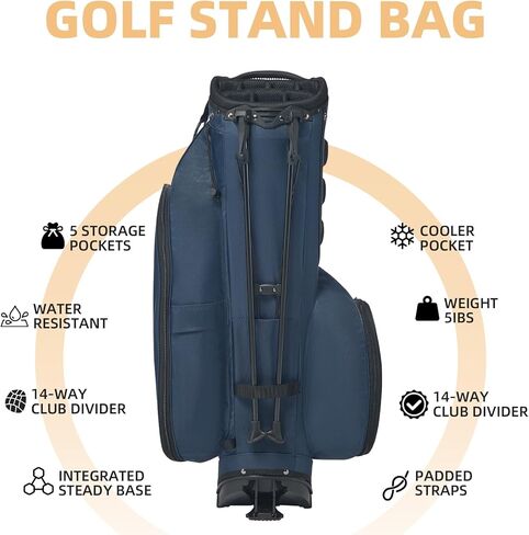 حقيبة جولف بحامل 14 طريقة، حقائب جولف خفيفة الوزن وفواصل كاملة الطول، 7 جيوب بسحاب وغطاء للمطر، حقائب جولف متينة للرجال والنساء باللون الأزرق، حقيبة أحذية مجانية in Kuwait