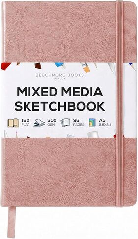Beechmore Books A5 Sketch Book - 5.8 "× 8.3" كراسة رسم غلاف فني من الجلد النباتي ، 96 صفحات عاجية سميكة 300GSM ، مثالية للرسم ، الألوان المائية والوسائط المختلطة ، تشمل الجيب الخلفي ، in Kuwait