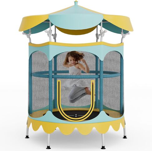 GYMAX Toddler Trampoline, 64" Trampoline for Kids with Removable Canopy, All Round Enclosure Net & Handrail, ASTM Approved Indoor & Outdoor Mini Trampoline, Birthday for Boys Girls in Saudi Arabia