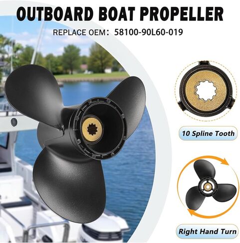 9 1/4 × 10 مروحة القارب من الألومنيوم لسيارة سوزوكي الخارجية Motos 8-20HP، 3 شفرات 10 أسنان، مرجع OEM رقم 58100-90L60-019، RH، 9.25X10 in Saudi Arabia