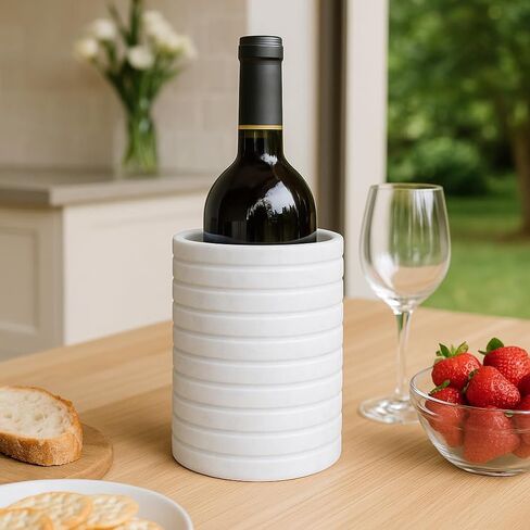 مبرد النبيذ الرخامي الفاخر وحامل أواني من Ottimo، مبرد زجاجات حجرية مقاس 7 بوصات، دلو الشمبانيا أو حامل سطح المطبخ، هدية تزيينية لمحبي النبيذ أو ديكور المنزل (أبيض) in Kuwait