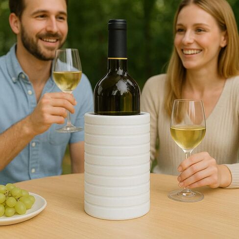 مبرد النبيذ الرخامي الفاخر وحامل أواني من Ottimo، مبرد زجاجات حجرية مقاس 7 بوصات، دلو الشمبانيا أو حامل سطح المطبخ، هدية تزيينية لمحبي النبيذ أو ديكور المنزل (أبيض) in Kuwait