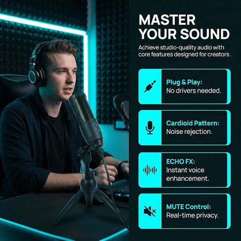 USB Microphone for PC, Cardioid Condenser Mic with 20Hz-20KHz Frequency Response, Plug & Play USB 2.0 Interface, Compatible with Windows/Mac, Ideal for Podcasting, Recording Studio & Karaoke in Saudi Arabia
