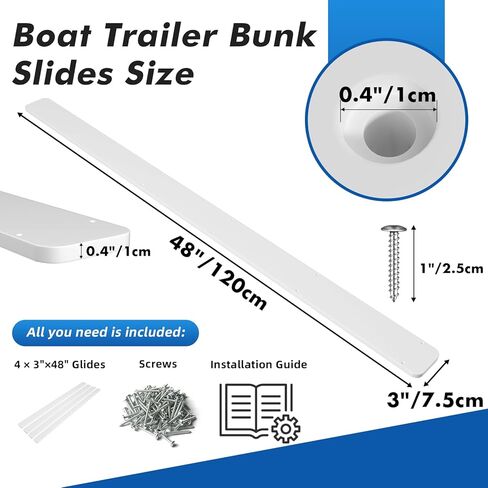 Boat Trailer Bunk Slides, 3"x48", 5"x48", 5"x57" , Heavy Duty PE Glide Pads for Full Support, Kits of 2 or 4, Black, White, Pre-Drilled Holes and Screws, for Easy Launch and Load, Fits Various Boats in Kuwait