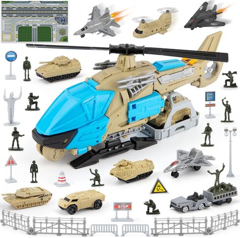 Police Helicopter Toy Playset with Vehicles, Fighter Jets, Airplane, SWAT Truck and Roadblocks, Police Rescue Patrol Car Toy for Kids Imaginative Pretend Play in Kuwait