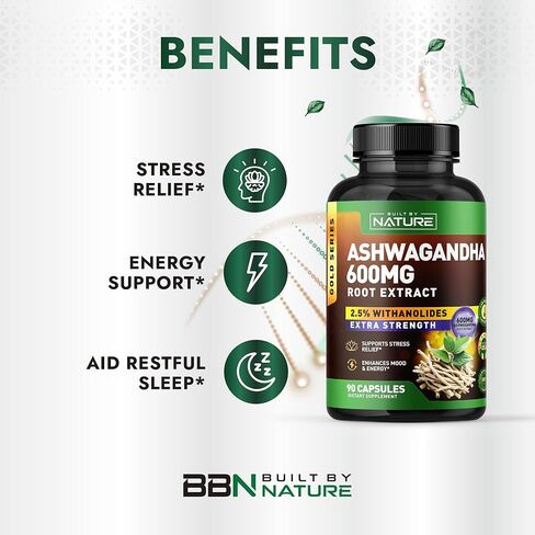 Built by Nature Ashwagandha Supplement – Extra Strength Ashwagandha Capsules 600mg – Standardized 2.5% Withanolides – Ashwagandha for Men & Women – Stress, Mood & Energy Support – 90 Capsules in Saudi Arabia