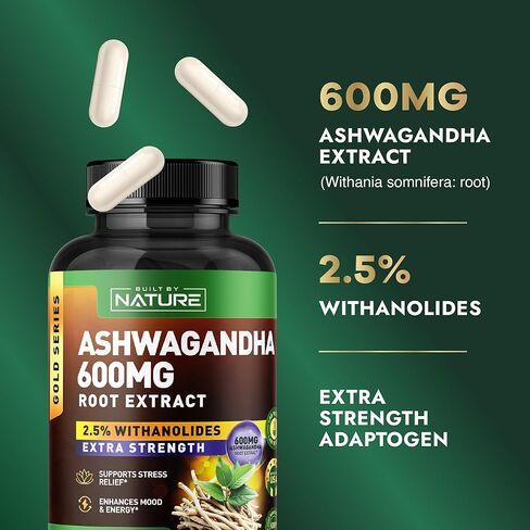 Built by Nature Ashwagandha Supplement – Extra Strength Ashwagandha Capsules 600mg – Standardized 2.5% Withanolides – Ashwagandha for Men & Women – Stress, Mood & Energy Support – 90 Capsules in Saudi Arabia