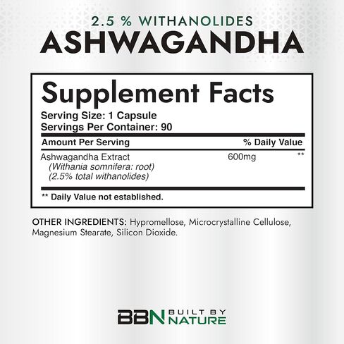 Built by Nature Ashwagandha Supplement – Extra Strength Ashwagandha Capsules 600mg – Standardized 2.5% Withanolides – Ashwagandha for Men & Women – Stress, Mood & Energy Support – 90 Capsules in Saudi Arabia