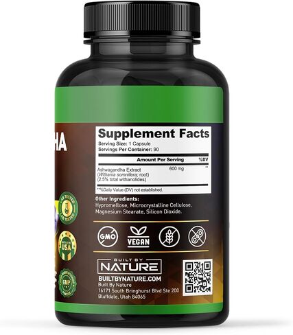 Built by Nature Ashwagandha Supplement – Extra Strength Ashwagandha Capsules 600mg – Standardized 2.5% Withanolides – Ashwagandha for Men & Women – Stress, Mood & Energy Support – 90 Capsules in Saudi Arabia