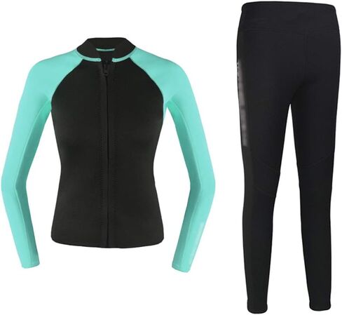 بدلة ركوب الأمواج للسيدات، بدلة غطس كاملة للسيدات، بدلة غطس للسيدات من قطعتين، بدلة سباحة دافئة وبنطلون، بدلة سباحة من النيوبرين 2 مم، مناسبة لمختلف الرياضات البحرية (اللون: أخضر فاتح، المقاس: S) in Kuwait