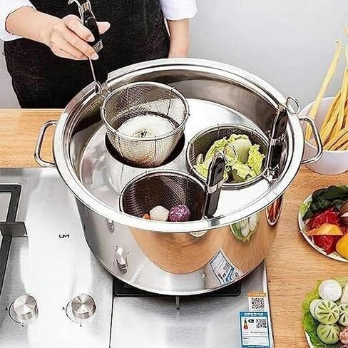 Commercial Stainless Steel Pasta Cooker Set with Dividers, 3/5/6 Mesh Filter Baskets, Strainer, Stock Pot, Ideal for Noodles, Pasta, Dumplings, Soups, Compatible with All Cooktops in Kuwait