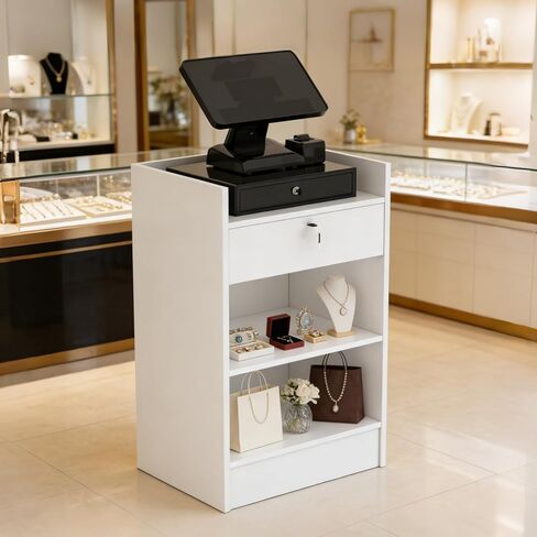 24"W * 18"D * 38"H - Cash Register Stand，Cash Wrap Checkout Desk Counter Stand with Drawer & 2 Tiers Storage for Church, Retail Store, Debate, Shopping Mall in Saudi Arabia