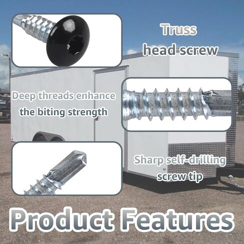 Zinc Coated Self Tapping Sheet Metal Screws for Cargo Hauler & Enclosed Trailer Exterior - 200 Pcs #10 x 3/4 Inch Enclosed Trailer Screws with Truss Head,Black in Kuwait