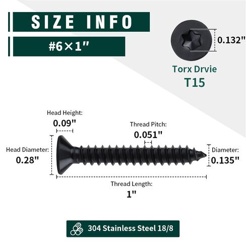 #6 x 1 Flat Torx Head Sheet Metal Screws 100-pack, 304 Stainless Steel 18-8, Black Coated Countersunk Head Self Tapping Wood Screws, Torx Bit Included in Saudi Arabia