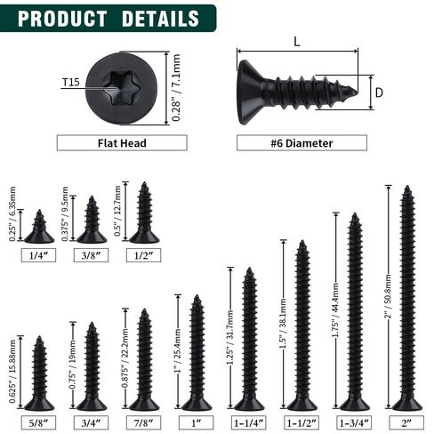 #6 x 1 Flat Torx Head Sheet Metal Screws 100-pack, 304 Stainless Steel 18-8, Black Coated Countersunk Head Self Tapping Wood Screws, Torx Bit Included in Saudi Arabia