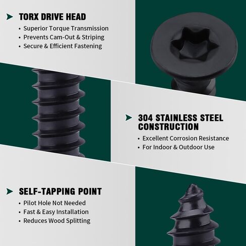 #6 x 1 Flat Torx Head Sheet Metal Screws 100-pack, 304 Stainless Steel 18-8, Black Coated Countersunk Head Self Tapping Wood Screws, Torx Bit Included in Saudi Arabia