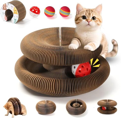 2 PCS Magic Organ Cat Scratcher Board with 6 Balls, Foldable Recyclable Accordion Cats Toy with Ball and Track Adventure, Cat Scratching Pad, Retractable Reversible Furniture Protector(Brown) in Kuwait
