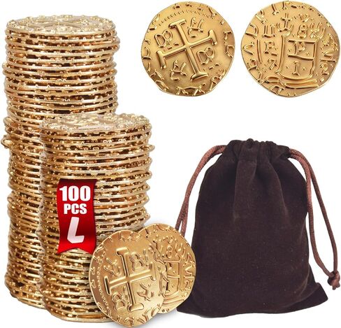 Large Metal Pirate Coins Gold Treasure Coin Set, Metal Replica Spanish Doubloons for Board Games, Tokens, Toys, Cosplay – Realistic Money Imitation for Treasure Chest - Size 1.18" (Gold 35 PCS) in Kuwait