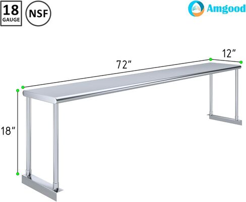 AmGood 12" Wide x 72" Long x 18" High. Stainless Steel Single Overshelf for 72" Long Prep Table in Kuwait