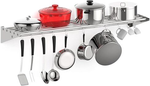 Floating Shelves for Wall, NSF Commercial Wall Shelf, 12" x 48" Shelf Pot Rack with Backsplash & 10 Hooks, Stainless Steel Floating Shelves, for Hanging Pots, Pans, Cookware in Kuwait