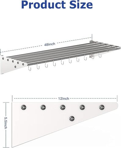 Floating Shelves for Wall, NSF Commercial Wall Shelf, 12" x 48" Shelf Pot Rack with Backsplash & 10 Hooks, Stainless Steel Floating Shelves, for Hanging Pots, Pans, Cookware in Kuwait