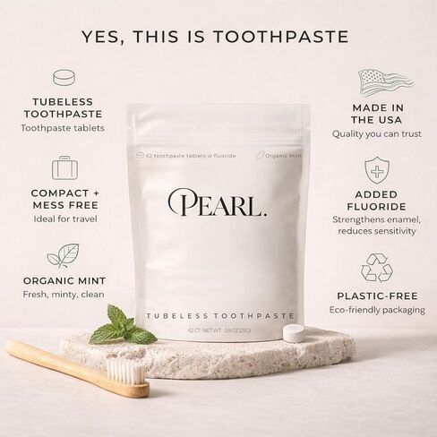 Pearl Starter Kit with White Sea Glass Jar + Fluoride Mint Toothpaste Tablets | Natural Whitening | Sensitivity Relief | Dentist Developed | TSA Approved | Plastic-Free | 62 Tablets | Refill Pouch in Kuwait