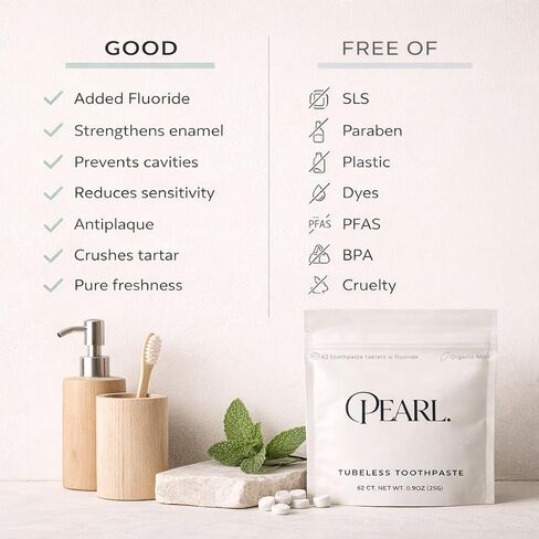 Pearl Starter Kit with White Sea Glass Jar + Fluoride Mint Toothpaste Tablets | Natural Whitening | Sensitivity Relief | Dentist Developed | TSA Approved | Plastic-Free | 62 Tablets | Refill Pouch in Kuwait