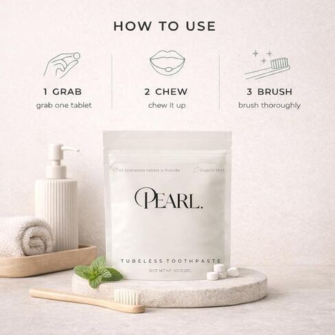 Pearl Starter Kit with White Sea Glass Jar + Fluoride Mint Toothpaste Tablets | Natural Whitening | Sensitivity Relief | Dentist Developed | TSA Approved | Plastic-Free | 62 Tablets | Refill Pouch in Kuwait