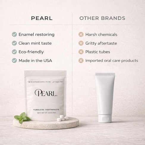 Pearl Starter Kit with White Sea Glass Jar + Fluoride Mint Toothpaste Tablets | Natural Whitening | Sensitivity Relief | Dentist Developed | TSA Approved | Plastic-Free | 62 Tablets | Refill Pouch in Kuwait