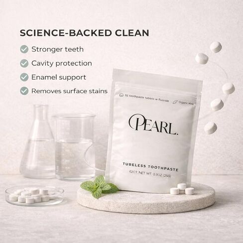 Pearl Starter Kit with White Sea Glass Jar + Fluoride Mint Toothpaste Tablets | Natural Whitening | Sensitivity Relief | Dentist Developed | TSA Approved | Plastic-Free | 62 Tablets | Refill Pouch in Kuwait