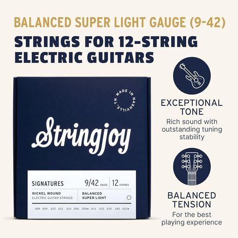 Stringjoy BAL0922 12 سلسلة جيتار كهربائي من النيكل، (مقياس الضوء الفائق المتوازن، 9-42) in Kuwait