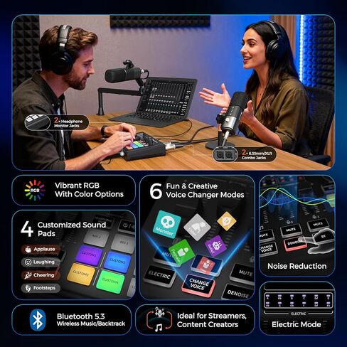 NearStream Gaming Audio Mixer & USB Audio Interface, Pro Mic Preamp, Dual XLR/6.35mm Inputs, 48V Phantom Power, RGB, Voice Changer, Sound Pads, Loopback for Podcast, Streaming & Music (AMIX20U) in Saudi Arabia