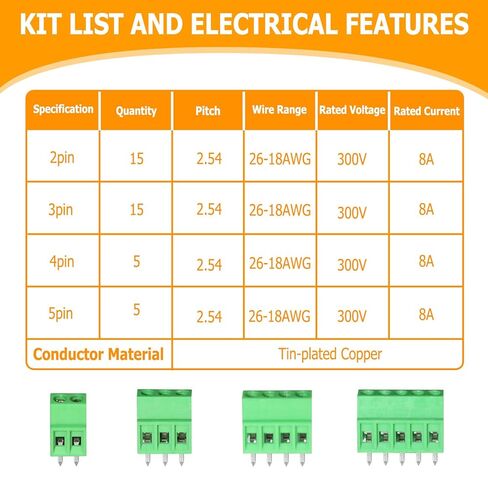 40pcs 2.54mm 0.1" Pitch PCB Mount Screw Terminal Block Connector, 2P 3P 4P 5P Terminals Blocks 150V 6A for 26-18AWG Cable, tinned Brass Circuit-Board Mount Screw terminals, Mount Wire Terminal in Saudi Arabia